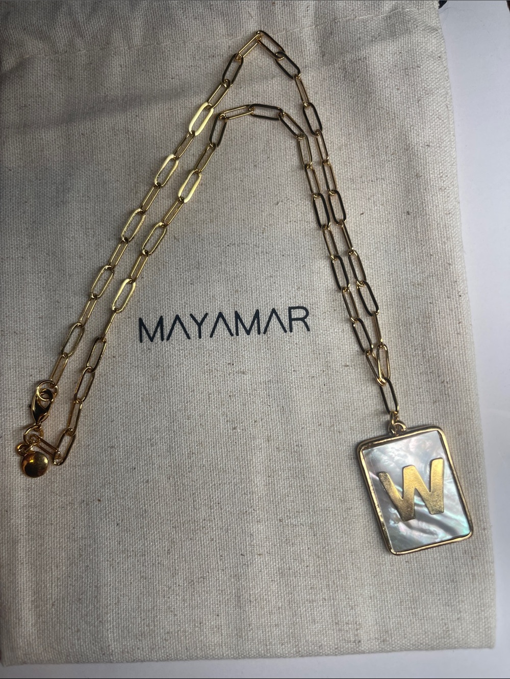 Gold W Rectangle Pendant Paperclip Necklace with Mother-of-Pearl by Mayamar - Picture 5 of 5
